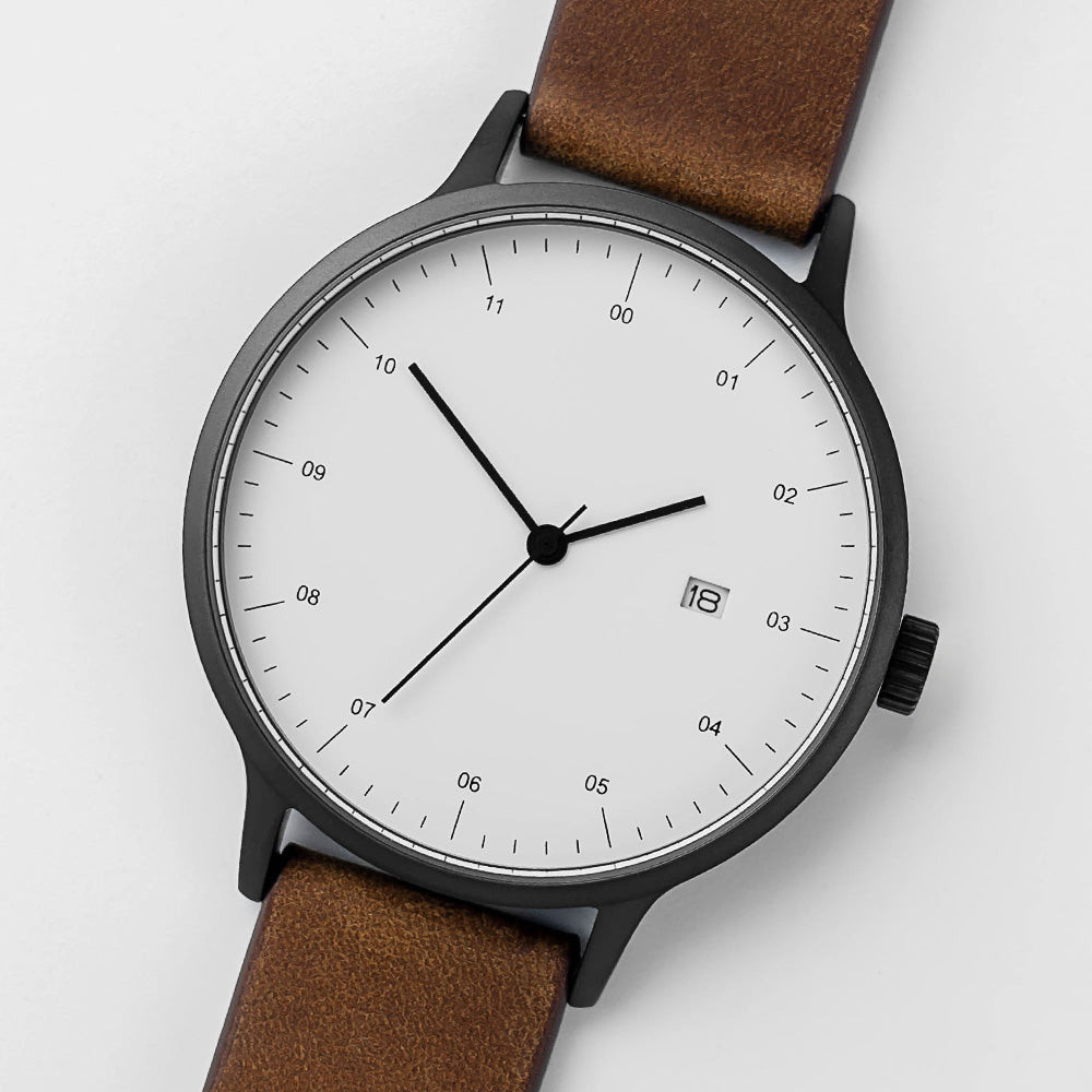 B30 Watch, Gunmetal Case, White Dial, Calendar, Leather Strap