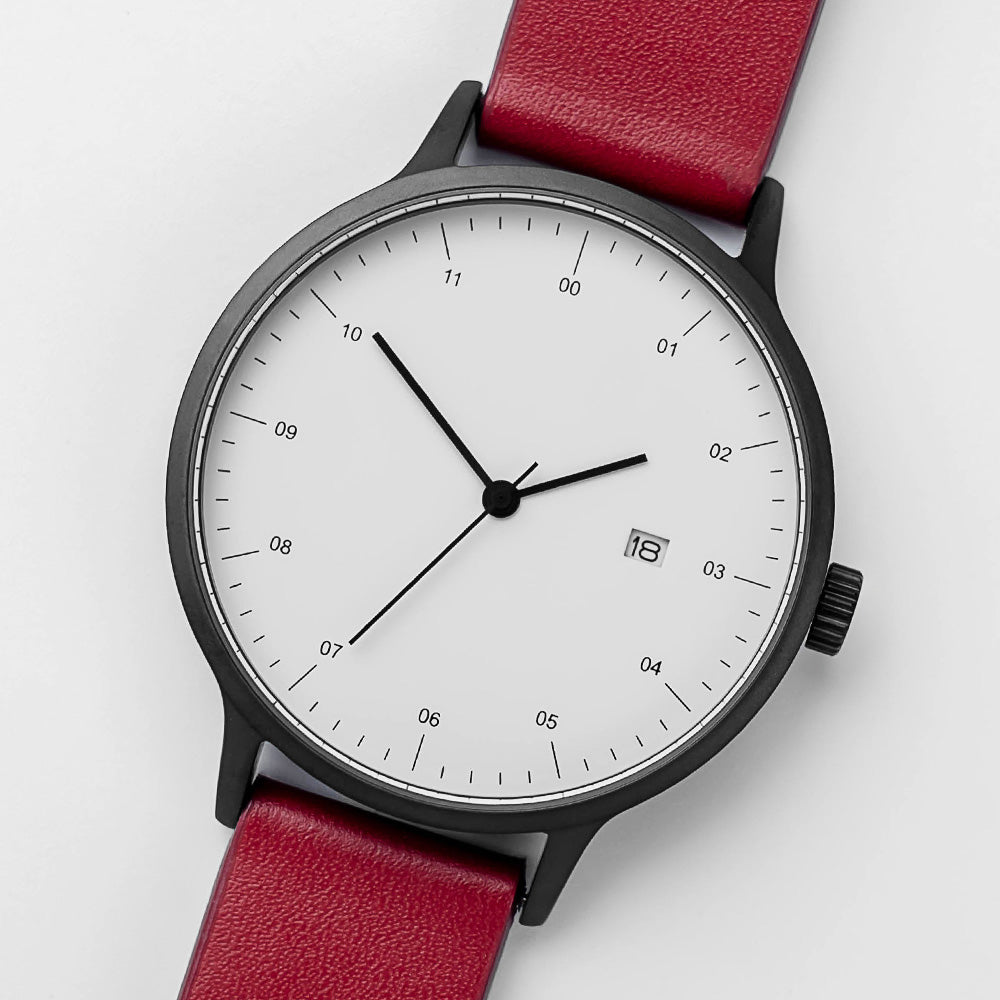 B30 Watch, Gunmetal Case, White Dial, Calendar, Leather Strap - Red