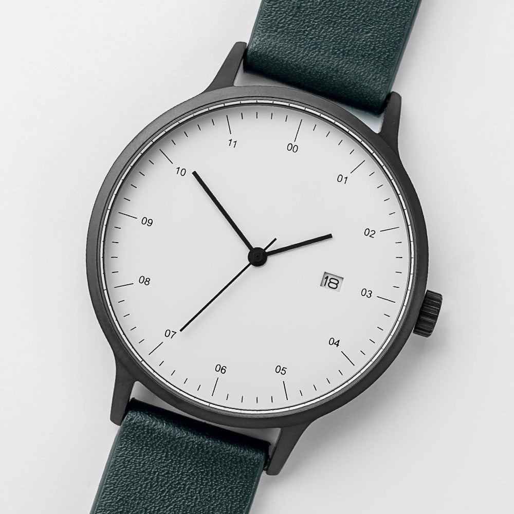 B30 Watch, Gunmetal Case, White Dial, Calendar, Leather Strap - Green