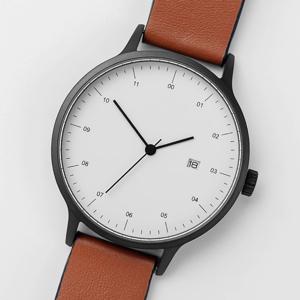 B30 Watch, Gunmetal Case, White Dial, Calendar, Leather Strap - Tan