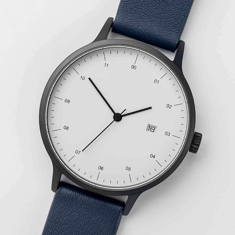 B30 Watch, Gunmetal Case, White Dial, Calendar, Leather Strap - Navy