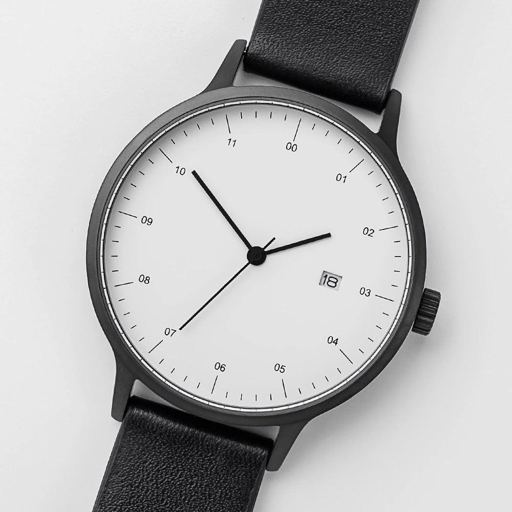 B30 Watch, Gunmetal Case, White Dial, Calendar, Leather Strap - Black