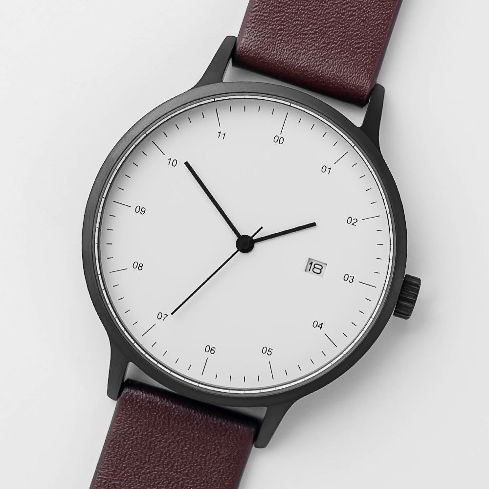 B30 Watch, Gunmetal Case, White Dial, Calendar, Leather Strap - Coffee