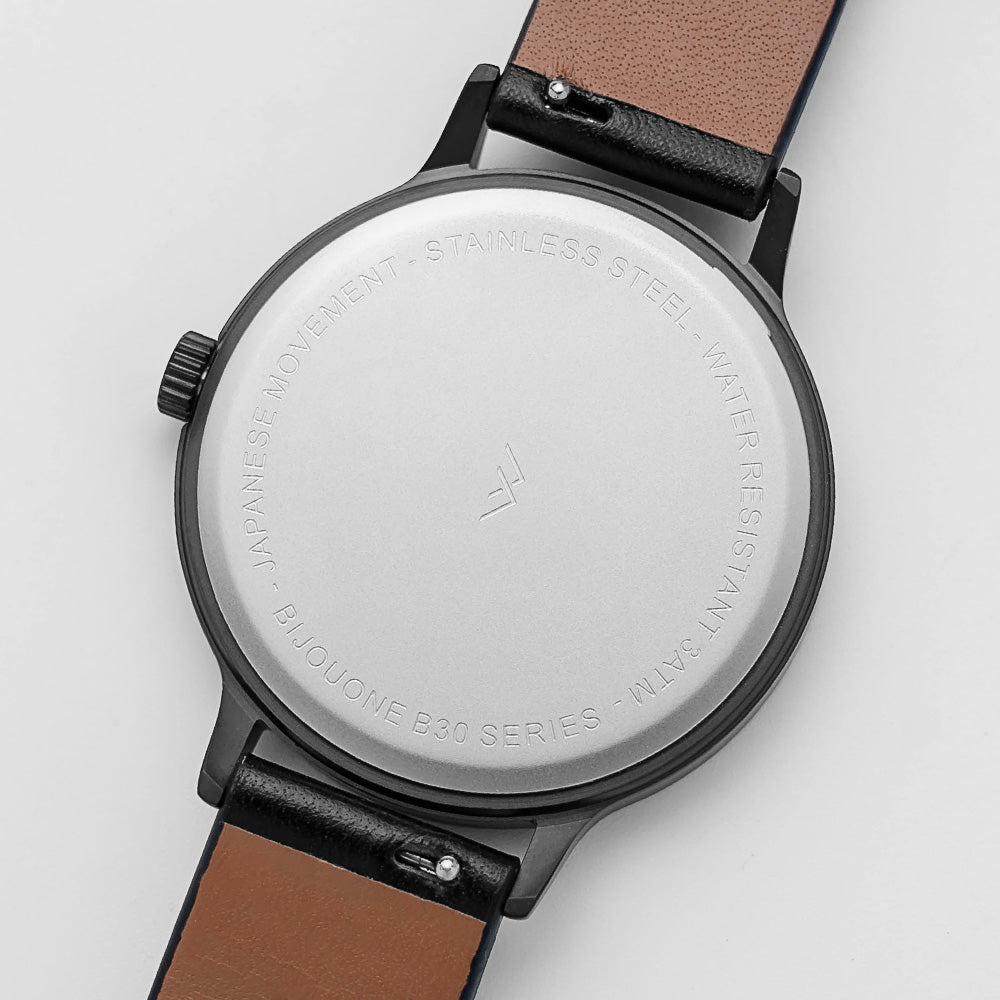 B30 Watch, Gunmetal Case, White Dial, Calendar, Leather Strap - Black