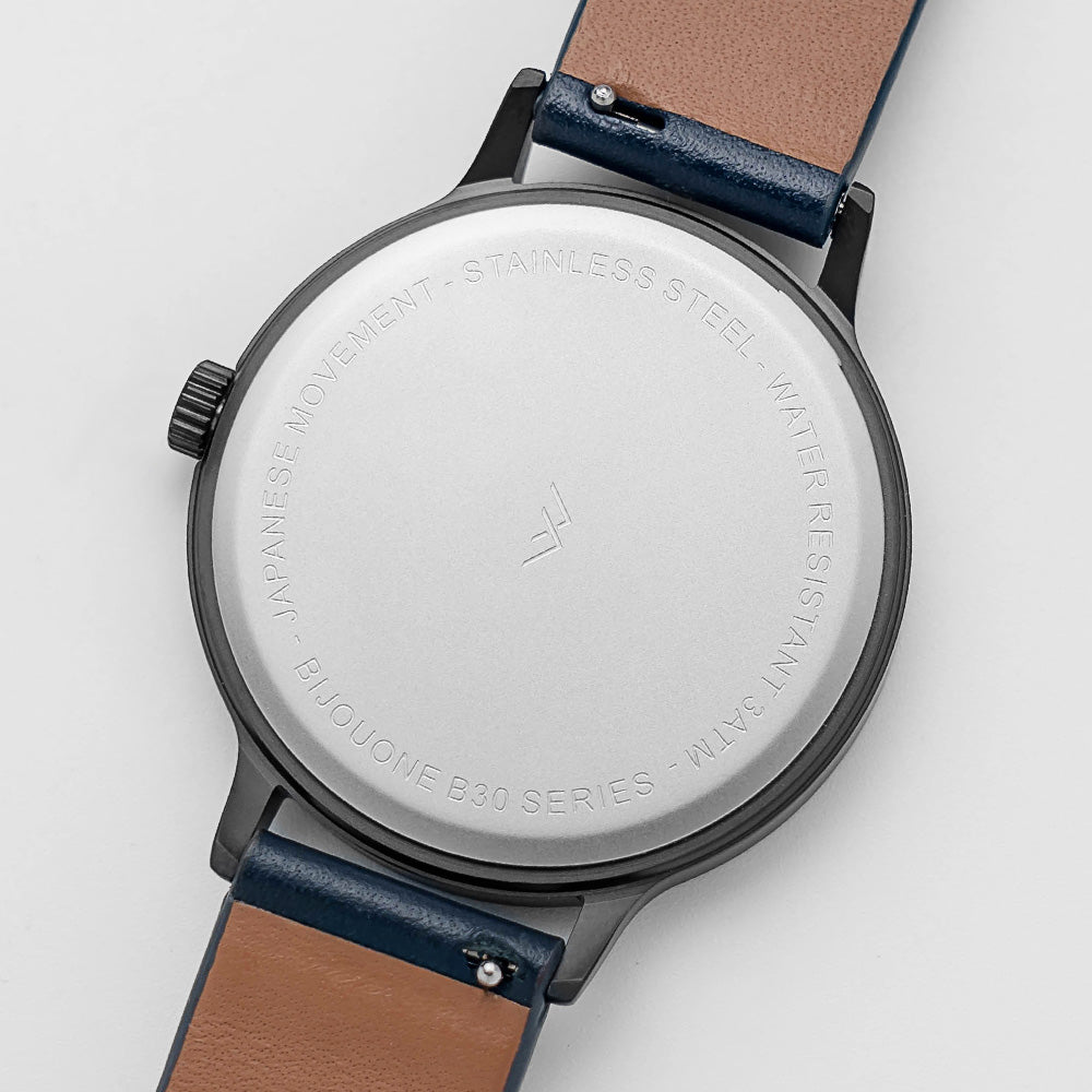 B30 Watch, Gunmetal Case, White Dial, Calendar, Leather Strap - Navy