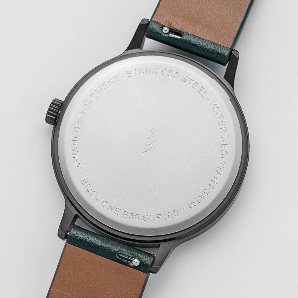 B30 Watch, Gunmetal Case, White Dial, Calendar, Leather Strap - Green