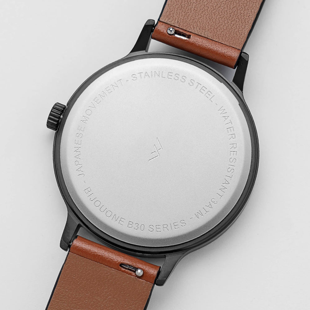 B30 Watch, Gunmetal Case, White Dial, Calendar, Leather Strap - Tan