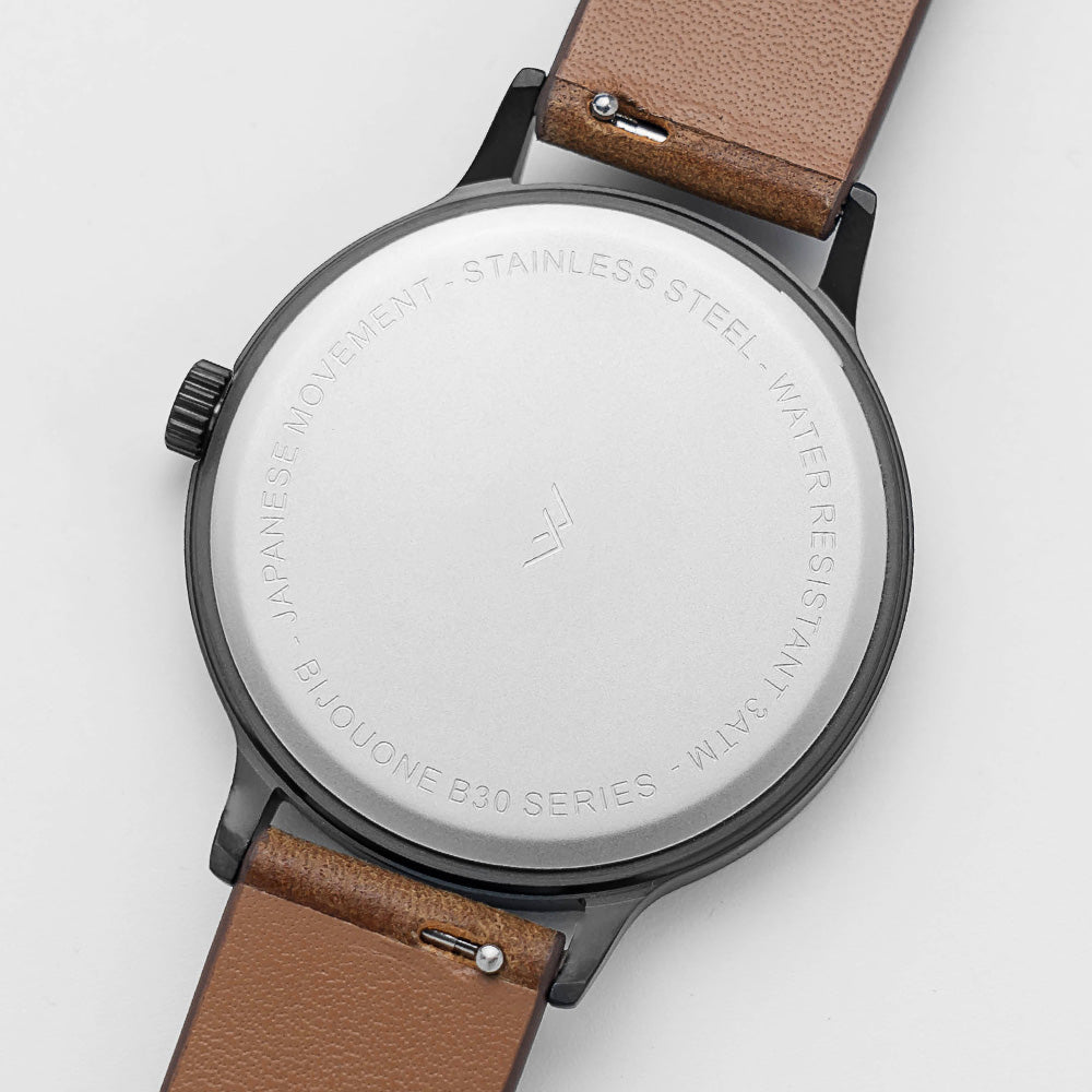 B30 Watch, Gunmetal Case, White Dial, Calendar, Leather Strap - Brown Suede