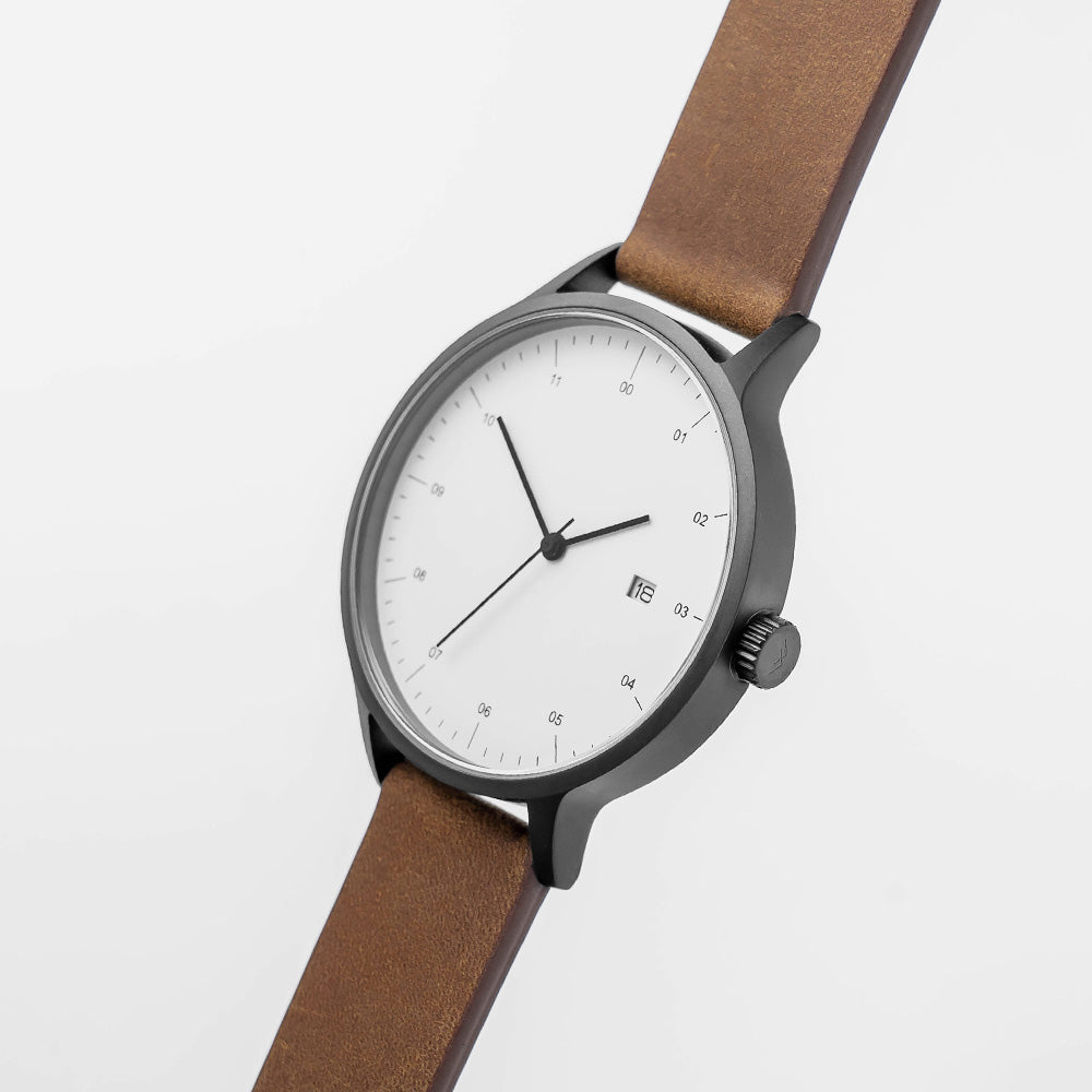 B30 Watch, Gunmetal Case, White Dial, Calendar, Leather Strap - Brown Suede