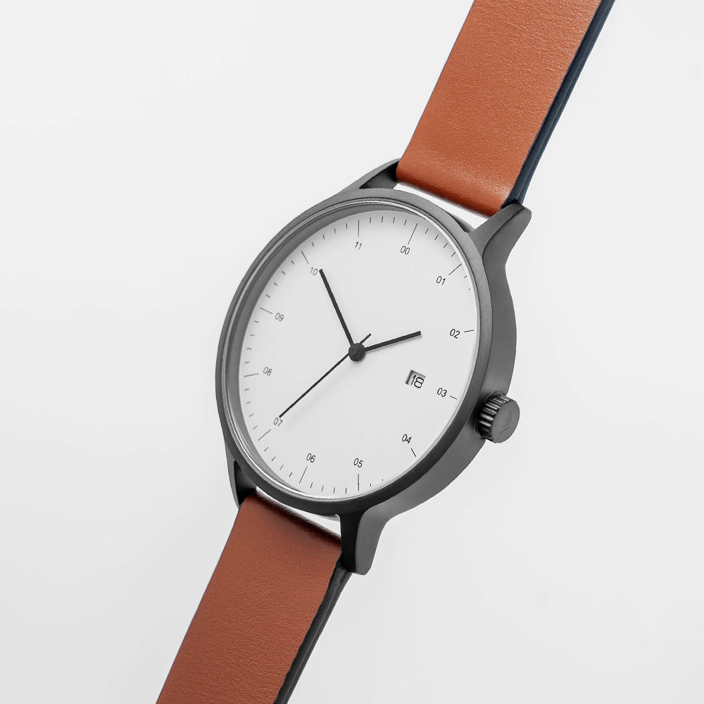 B30 Watch, Gunmetal Case, White Dial, Calendar, Leather Strap - Tan