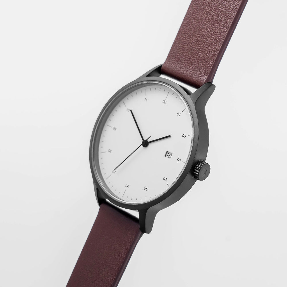 B30 Watch, Gunmetal Case, White Dial, Calendar, Leather Strap - Coffee