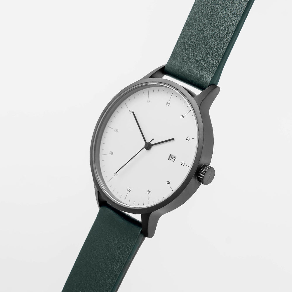 B30 Watch, Gunmetal Case, White Dial, Calendar, Leather Strap - Green