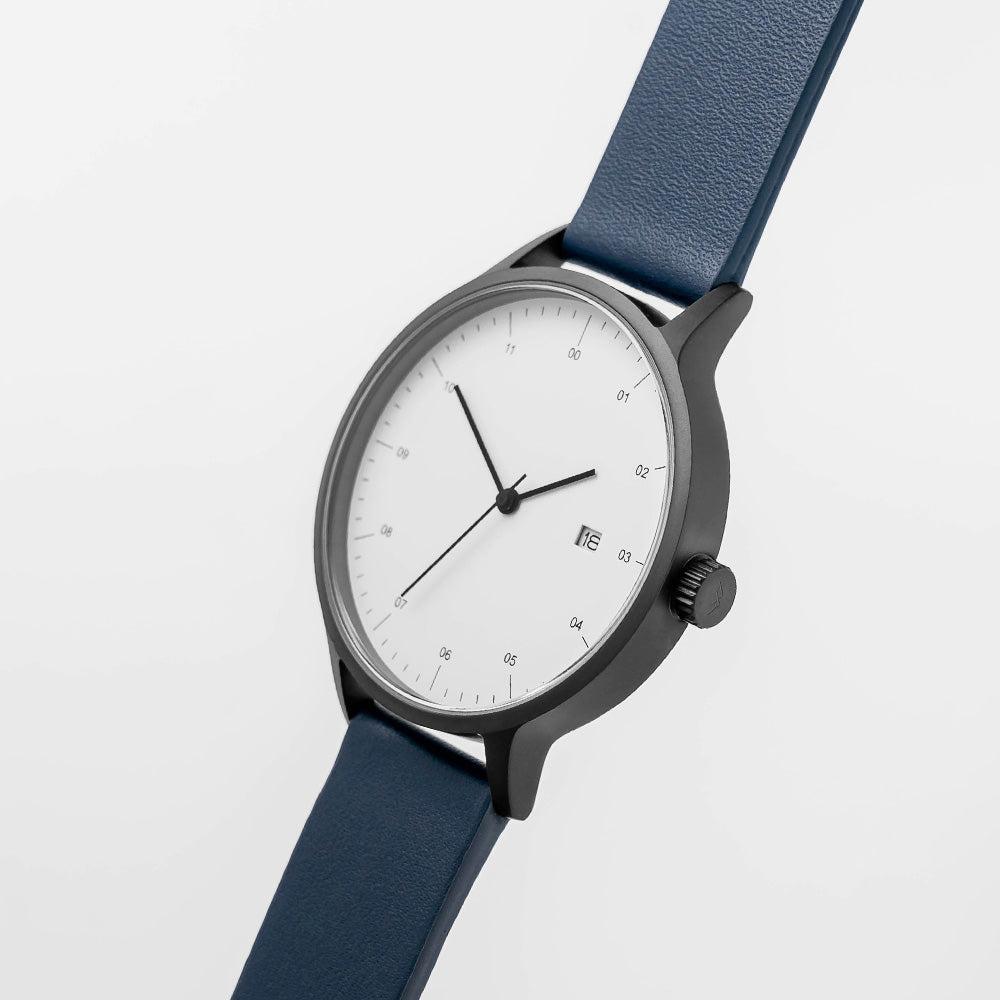B30 Watch, Gunmetal Case, White Dial, Calendar, Leather Strap - Navy