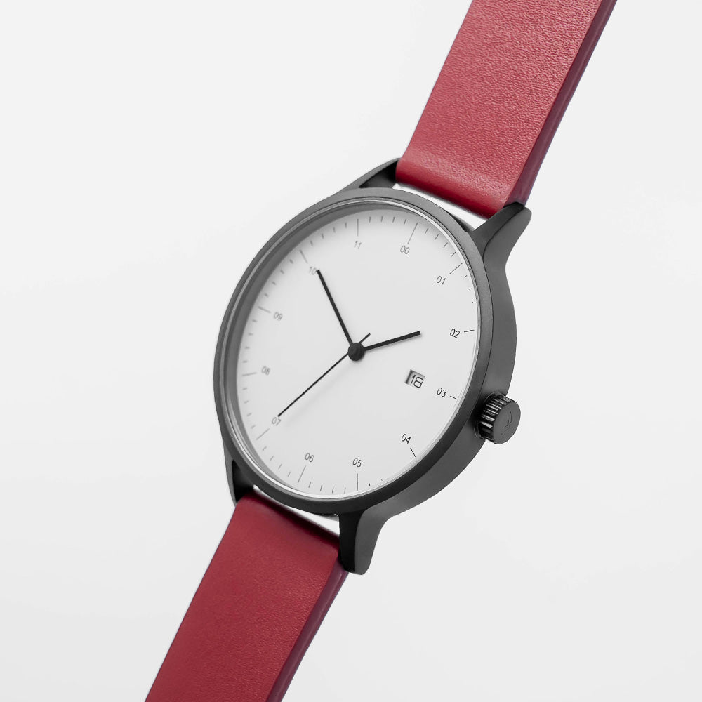 B30 Watch, Gunmetal Case, White Dial, Calendar, Leather Strap - Red