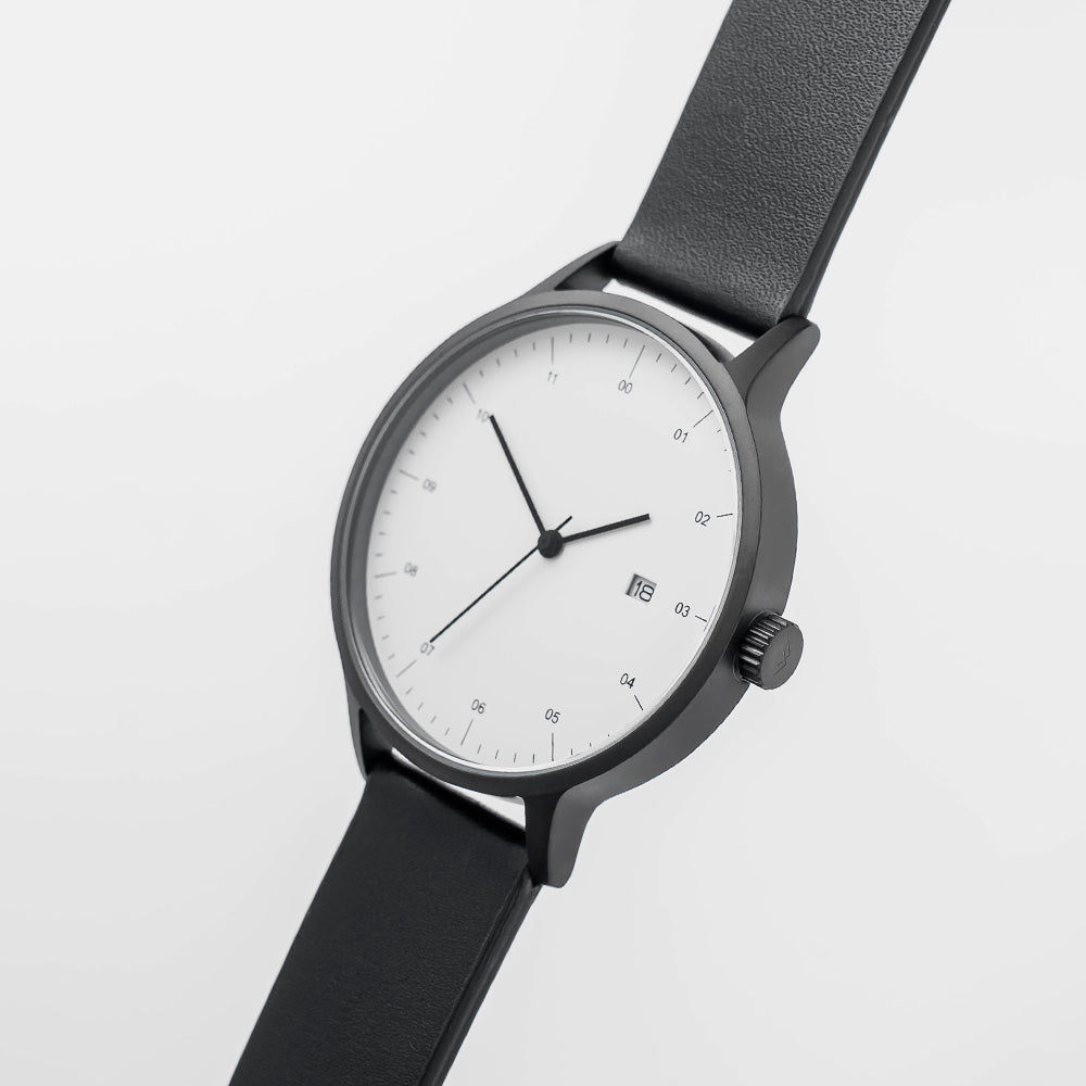 B30 Watch, Gunmetal Case, White Dial, Calendar, Leather Strap - Black