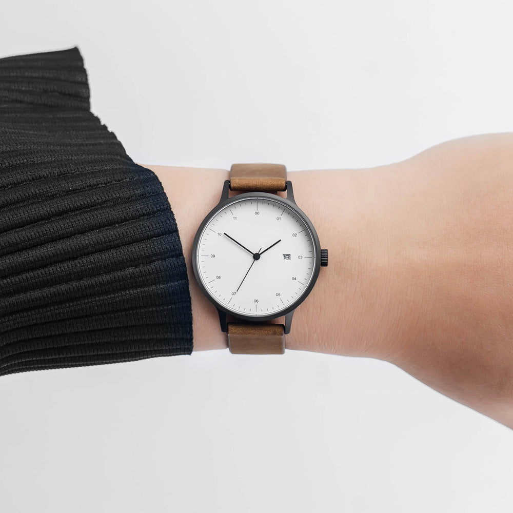 B30 Watch, Gunmetal Case, White Dial, Calendar, Leather Strap - Brown Suede