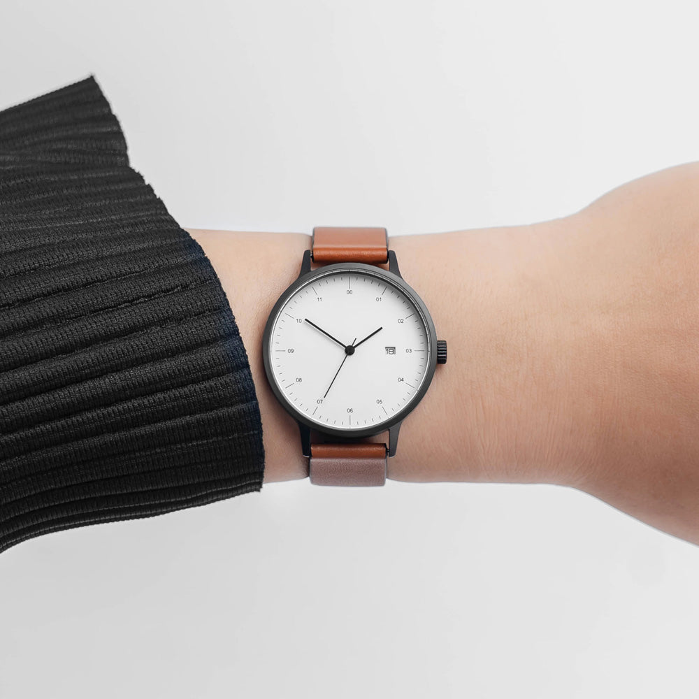 B30 Watch, Gunmetal Case, White Dial, Calendar, Leather Strap - Tan