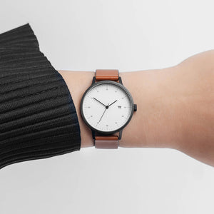 B30 Watch, Gunmetal Case, White Dial, Calendar, Leather Strap