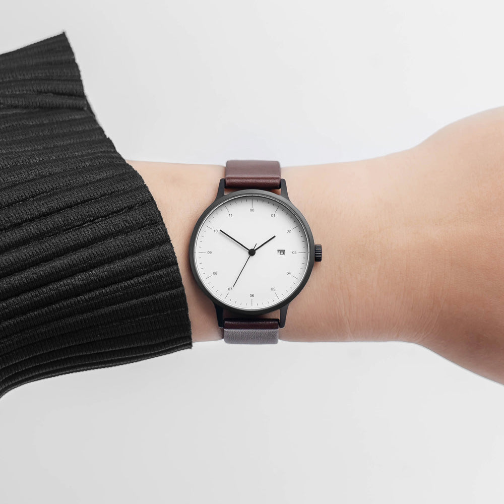 B30 Watch, Gunmetal Case, White Dial, Calendar, Leather Strap - Coffee