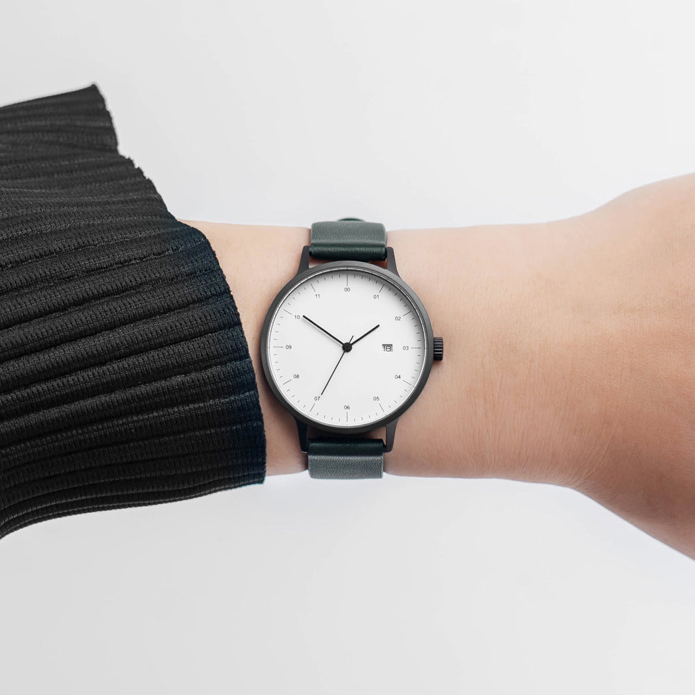 B30 Watch, Gunmetal Case, White Dial, Calendar, Leather Strap - Green