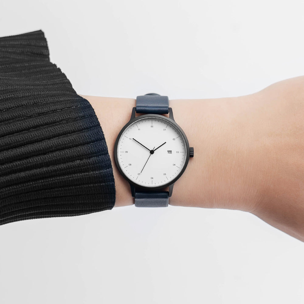 B30 Watch, Gunmetal Case, White Dial, Calendar, Leather Strap - Navy