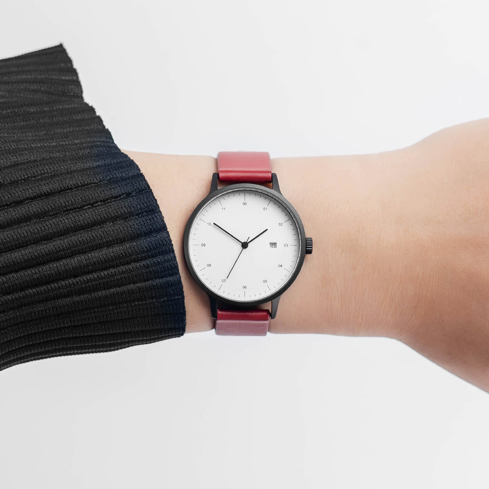 B30 Watch, Gunmetal Case, White Dial, Calendar, Leather Strap - Red