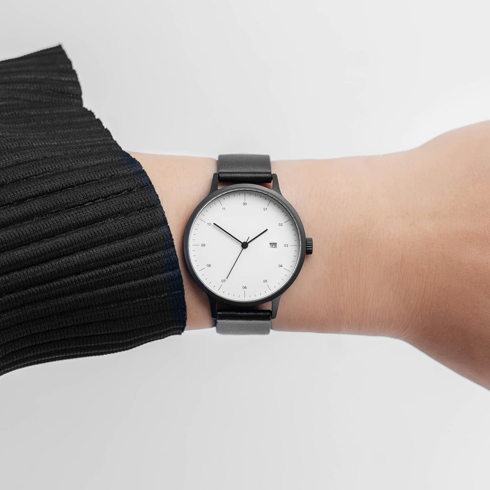 B30 Watch, Gunmetal Case, White Dial, Calendar, Leather Strap - Black