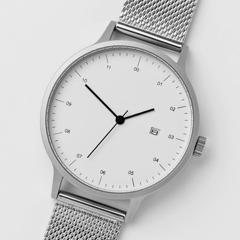 B30 Watch, Silver Case, White Dial, Calendar, Stainless Steel Mesh Strap