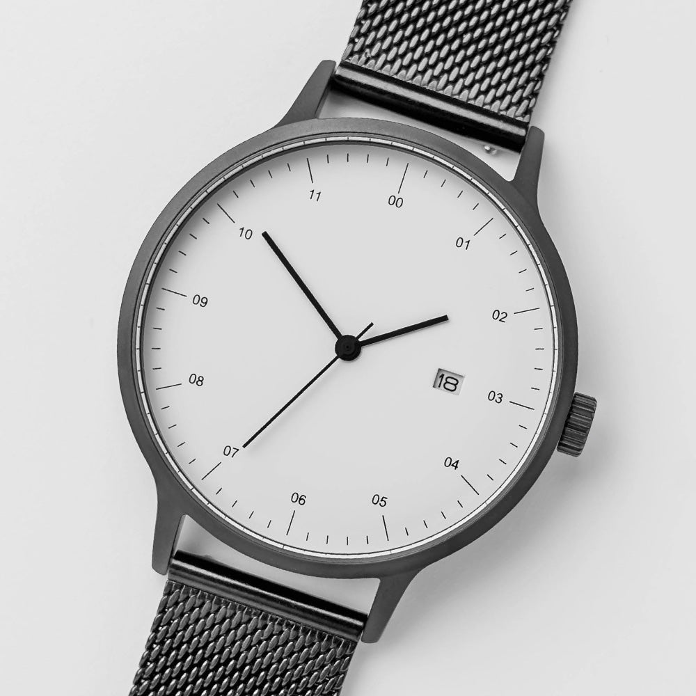 B30 Watch, Gunmetal Case, White Dial, Calendar, Black Stainless Steel Mesh Strap