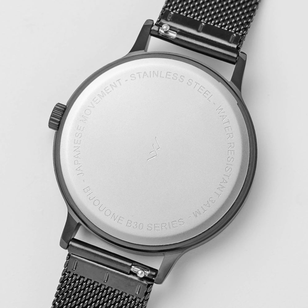 B30 Watch, Gunmetal Case, White Dial, Calendar, Black Stainless Steel Mesh Strap