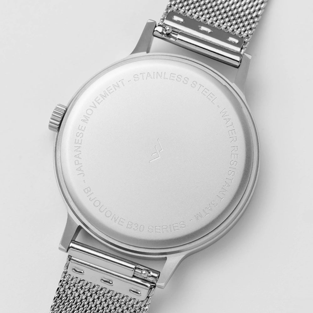 B30 Watch, Silver Case, White Dial, Calendar, Stainless Steel Mesh Strap