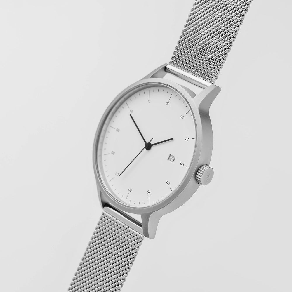 B30 Watch, Silver Case, White Dial, Calendar, Stainless Steel Mesh Strap