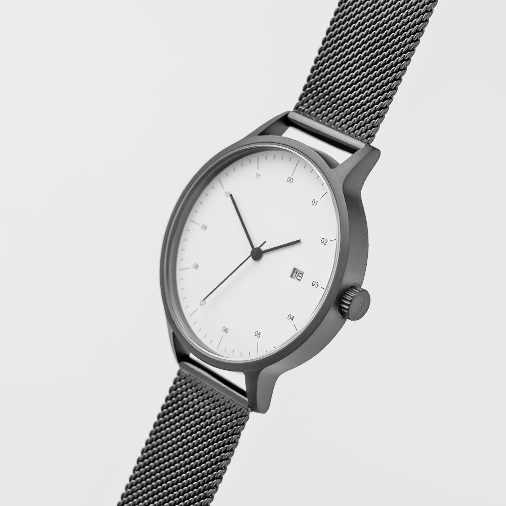 B30 Watch, Gunmetal Case, White Dial, Calendar, Black Stainless Steel Mesh Strap