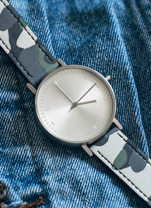 B60 Watch, Silver Case, silver Dial, Leather Strap - Camouflage Green - BIJOUONE