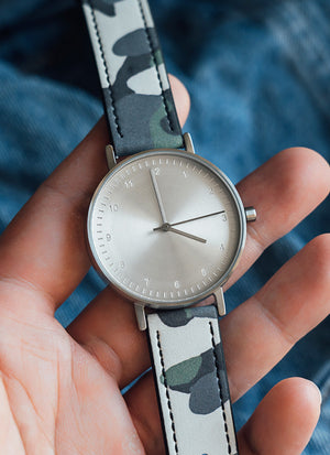B60 Watch, Silver Case, silver Dial, Leather Strap - Camouflage Green - BIJOUONE