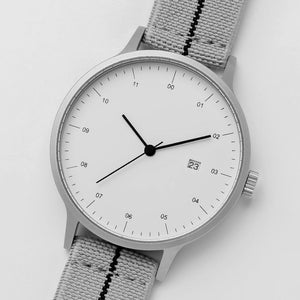 B30 Watch, Silver Case, White Dial, Calendar, Stretch Nylon Strap