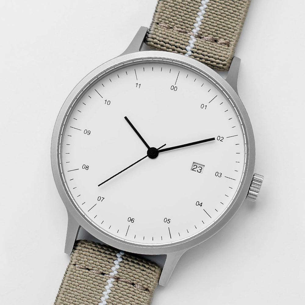 B30 Watch, Silver Case, White Dial, Calendar, Stretch Nylon straps - Khaki