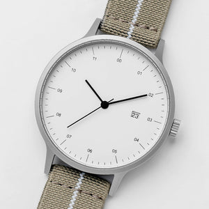 B30 Watch, Silver Case, White Dial, Calendar, Stretch Nylon straps - Khaki