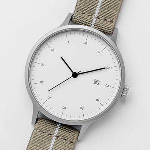 B30 Watch, Silver Case, White Dial, Calendar, Stretch Nylon Strap