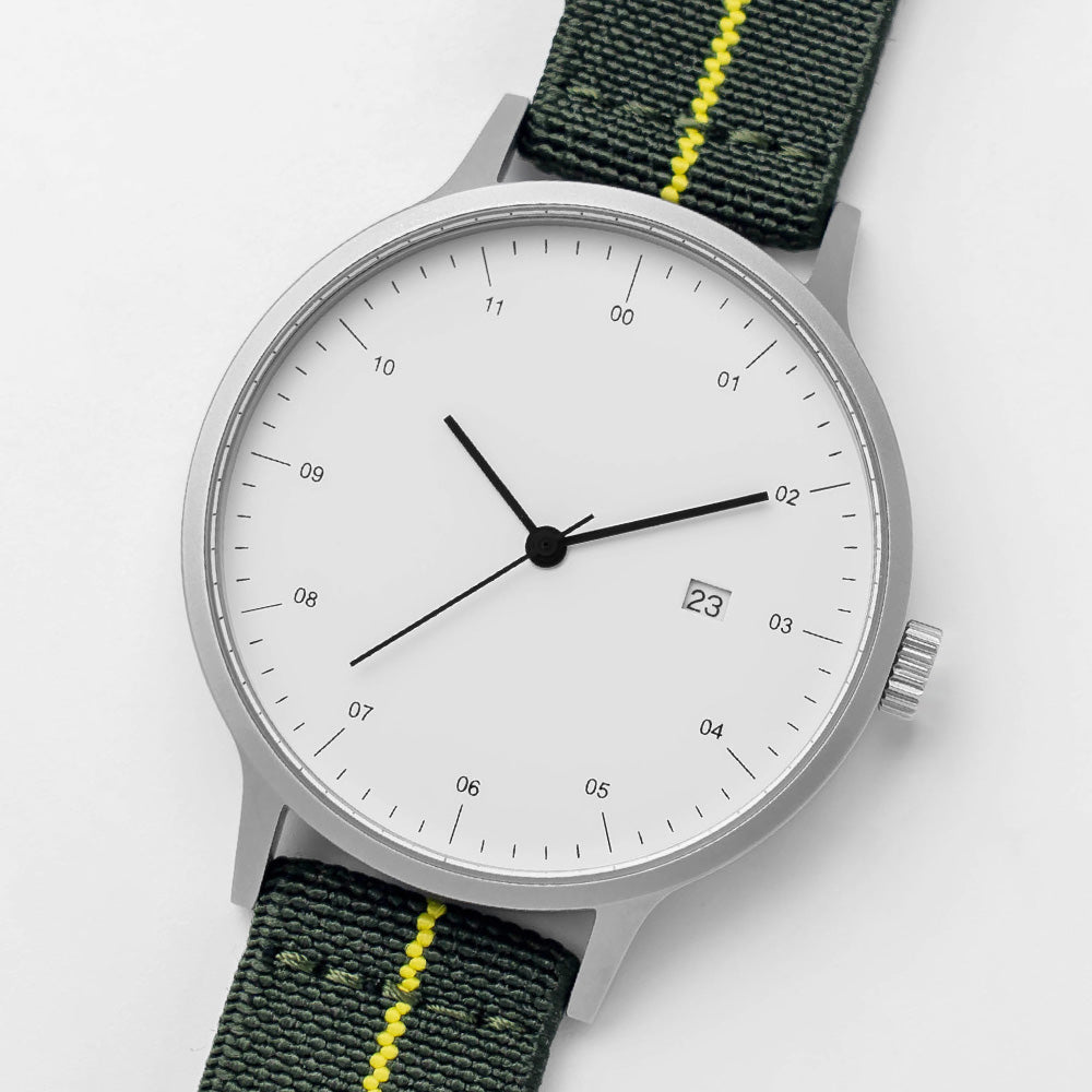 B30 Watch, Silver Case, White Dial, Calendar, Stretch Nylon straps - Green