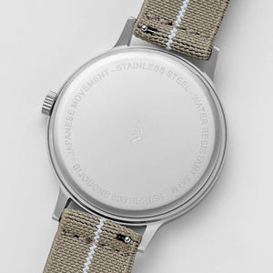 B30 Watch, Silver Case, White Dial, Calendar, Stretch Nylon straps - Khaki