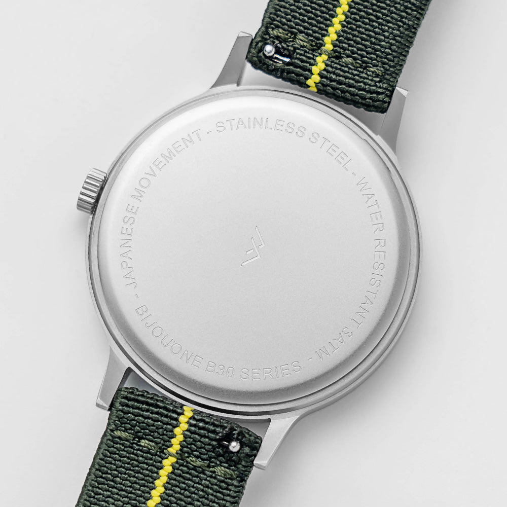 B30 Watch, Silver Case, White Dial, Calendar, Stretch Nylon straps - Green
