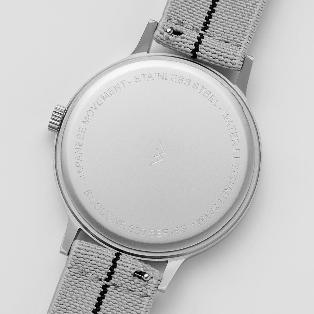 B30 Watch, Silver Case, White Dial, Calendar, Stretch Nylon straps - Gray