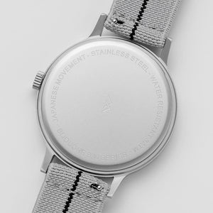 B30 Watch, Silver Case, White Dial, Calendar, Stretch Nylon Strap