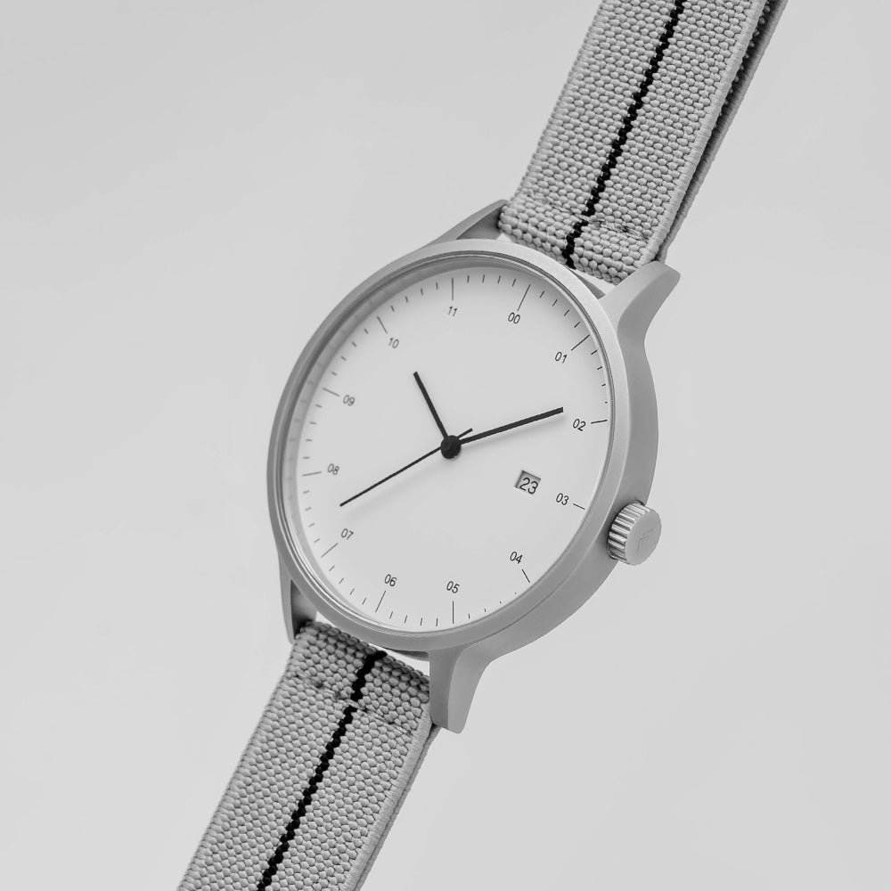 B30 Watch, Silver Case, White Dial, Calendar, Stretch Nylon straps - Gray