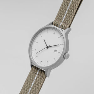 B30 Watch, Silver Case, White Dial, Calendar, Stretch Nylon straps - Khaki