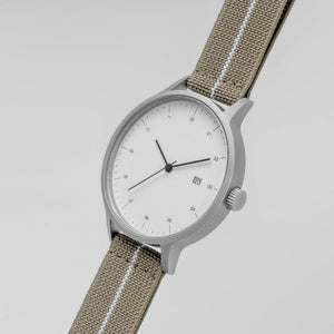 B30 Watch, Silver Case, White Dial, Calendar, Stretch Nylon Strap