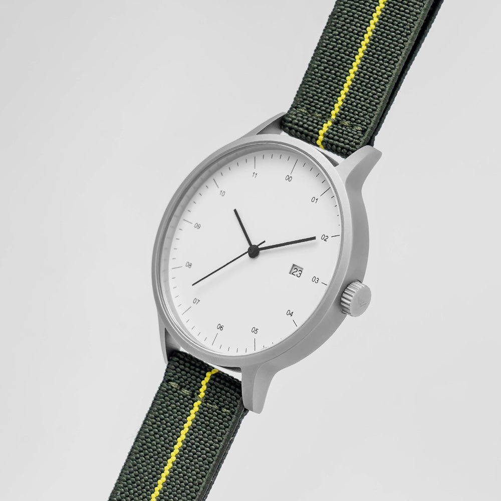 B30 Watch, Silver Case, White Dial, Calendar, Stretch Nylon straps - Green