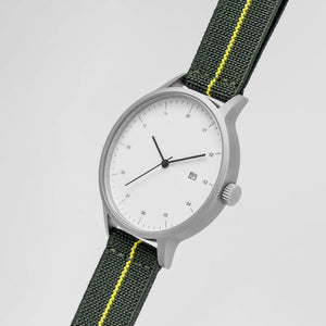 B30 Watch, Silver Case, White Dial, Calendar, Stretch Nylon Strap