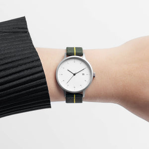 B30 Watch, Silver Case, White Dial, Calendar, Stretch Nylon Strap